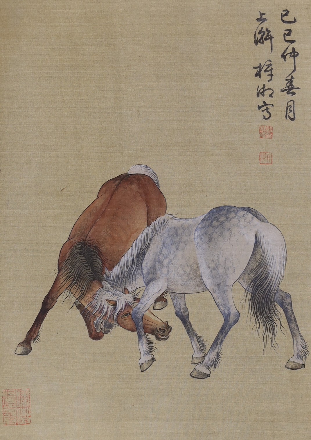 Chinese School, early 20th century, album of 6 paintings on silk of horses, 29 x 21cm